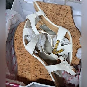 TOP Moda White and Tan Wedge Sandals